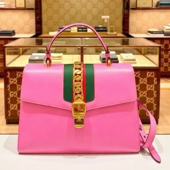 Gucci Fuchsia Leather Medium Web Sylvie Top Handle Bag-include detachable Strap - Picture 3 of 12